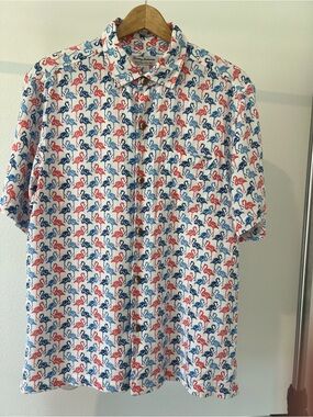 Tommy Bahama White Short-Sleeve Flamingo Print Shirt with Blue & Red size M